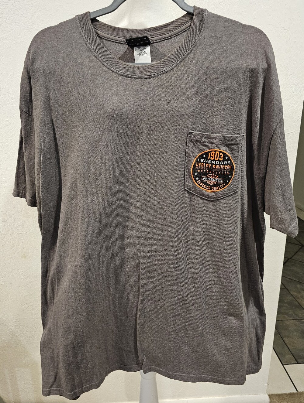 Harley-Davidson Gray Short Sleeve Pocket Tee with Orange 1903 Patch Logo